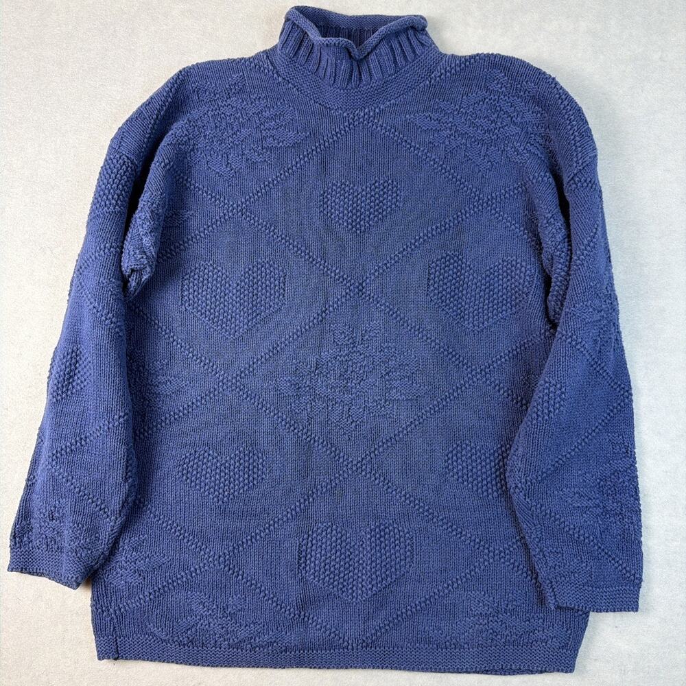 Vtg Hand Knit Heart Rose Patchwork Sweater Women’s XL Roll Hem Neck Chunky Cotto